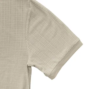 Detailed view of men's retro slub knit Henley shirt showing textured fabric and sleeve