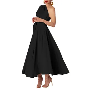 Full view of elegant black one-shoulder maxi dress with A-line skirt and cinched waist