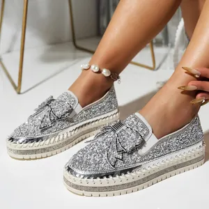 Women Rhinestone Bowknot Loafers Platform Thick Bottom Slip On Shoes Casual Plus Size Flats 2025 Spring Fashion Footwear