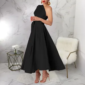 Elegant black one-shoulder flared dress with cinched waist, perfect for summer parties.
