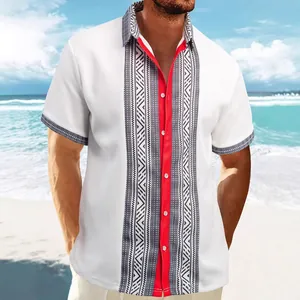 Stylish men's summer white waffle knit short sleeve shirt with geometric print and red trim.