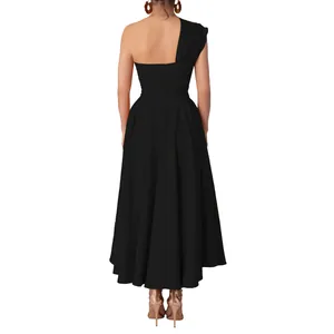 Back view of elegant black one-shoulder sleeveless waisted maxi dress with large swing