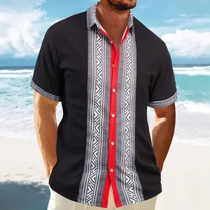 Men Casual Waffle Knit Short Sleeve Shirt 3D Geometric Ethnic Print Button Down Lapel Top Summer Beach Vacation Shirt