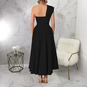Back view of an elegant black one-shoulder maxi dress with a flared hem for women.