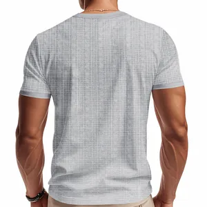 Detailed back view of men's summer vintage grey slub textured casual short sleeve t-shirt
