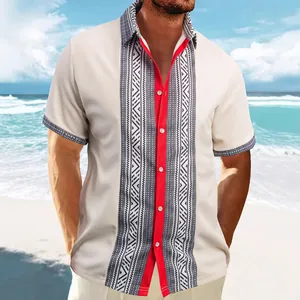 Men's waffle knit casual short sleeve shirt with red placket and tribal print panel.