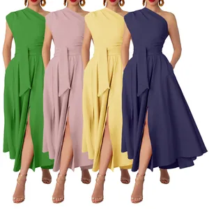 Color options for sleeveless one-shoulder solid color maxi dress with high slit