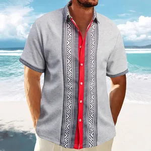 Men's grey waffle knit button down shirt with ethnic print and red contrast placket