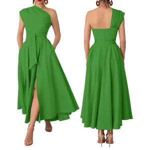 Front and back view of a green one-shoulder sleeveless maxi dress with waist tie