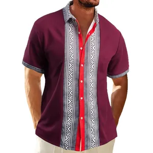 Men's burgundy waffle knit short sleeve shirt with vertical ethnic geometric print