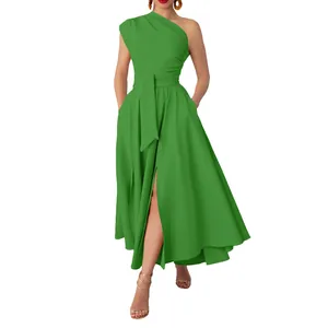Elegant one-shoulder green maxi dress with waist tie and high slit detail for women