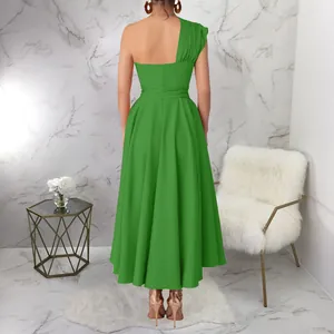 Elegant green one-shoulder sleeveless waist-cinching swing maxi dress back view