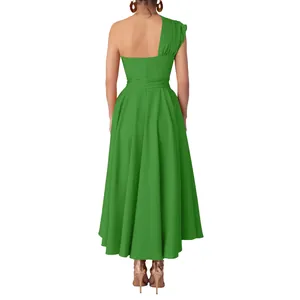 Back view of a green one-shoulder sleeveless flared maxi dress with a cinched waist.