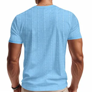 Back view of a light blue textured slub knit short sleeve T-shirt for men