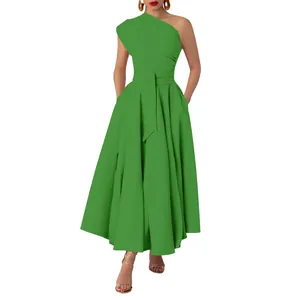 Full view detail of a vibrant green one-shoulder sleeveless belted A-line maxi dress