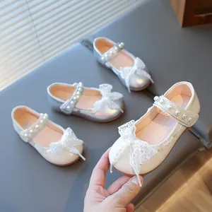 Toddler Girls Mary Jane Princess Shoes Lace Bow Artificial Pearl Elegant Soft Sole Dress Shoes For Party Wedding Spring