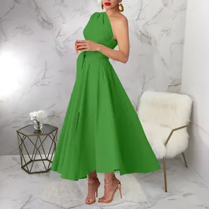 Elegant green one-shoulder sleeveless maxi dress with waist tie and A-line swing skirt