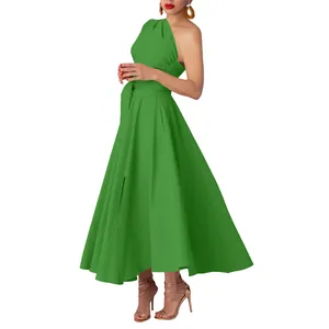 Full view of elegant green one-shoulder sleeveless flared maxi dress with waist tie