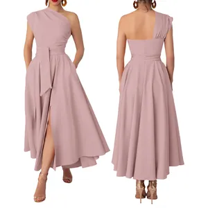Front and back view of a pink one-shoulder sleeveless midi dress with a waist tie.
