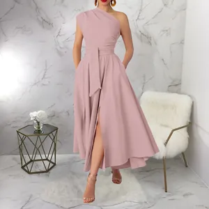 Elegant one-shoulder sleeveless maxi dress with waist belt and side slit detail