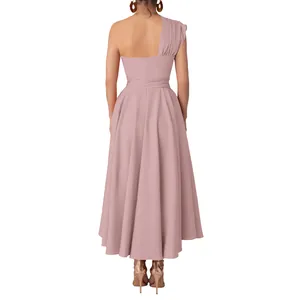 Back view of elegant mauve one-shoulder sleeveless maxi dress with belted waist