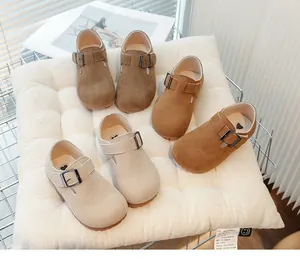 Three pairs of stylish children's retro suede buckle shoes in versatile autumn colors