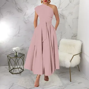 Full front view of the elegant pink one-shoulder sleeveless dress with waist tie
