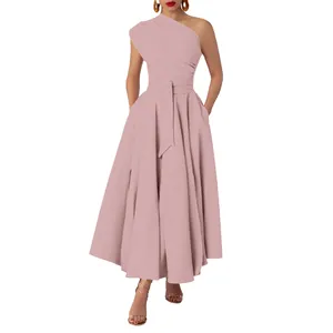 Close-up of elegant mauve one-shoulder maxi dress featuring a belted waist design.