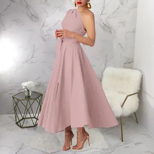 Elegant one-shoulder sleeveless flare dress with a cinched belted waist in a dusty rose color