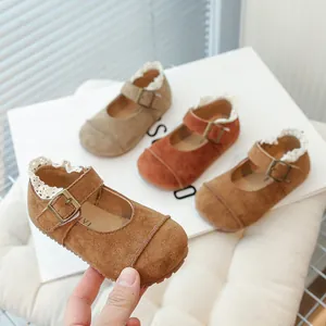 Vintage toddler girls frosted Mary Jane shoes with elegant lace trim and metal buckle