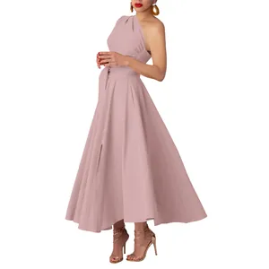 Elegant one-shoulder sleeveless belted maxi dress in dusty pink with a flared skirt detail.
