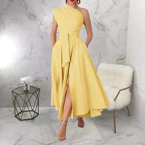 Elegant yellow one-shoulder sleeveless dress with waist tie and high-slit long skirt.