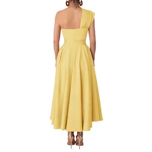 Back detail of a yellow sleeveless one-shoulder maxi dress with cinched waist and full skirt