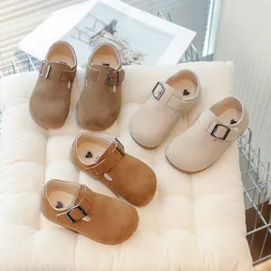Kids Retro Style Buckle Loafers Synthetic Suede Casual Flat Shoes For Boys Girls Korean Fashion Toddler Soft Sole Single Shoes