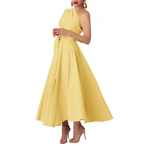 Elegant yellow one-shoulder sleeveless maxi dress with belted waist for summer.