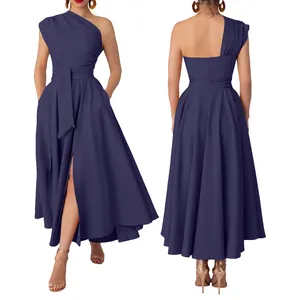 Front and back view of elegant navy blue one-shoulder midi dress with side slit