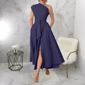 Chic navy one-shoulder sleeveless maxi dress featuring a high slit and matching waist tie
