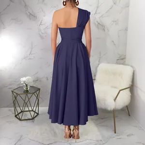 Elegant navy blue one-shoulder sleeveless waist-cinching maxi dress shown from back view