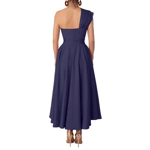 Back view of elegant navy blue one-shoulder sleeveless maxi dress with cinched waist design