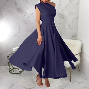 Elegant sleeveless navy blue one-shoulder flared midi dress with a belted waist