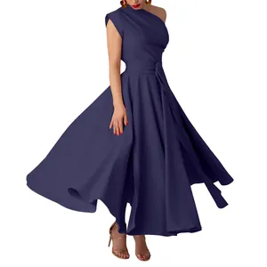 Elegant sleeveless one-shoulder solid color maxi dress with waist tie and swing hem.