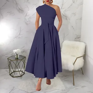 Elegant one-shoulder navy blue sleeveless maxi dress with a flattering waist tie detail.