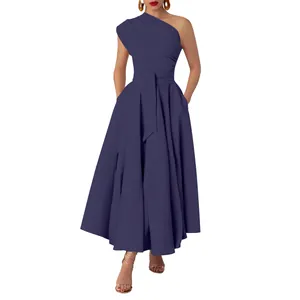 Elegant one-shoulder sleeveless purple maxi dress with belted waist and large swing skirt.