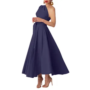Close-up detail of navy blue sleeveless one-shoulder maxi dress with cinched waist design