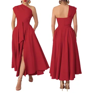 Elegant red one-shoulder sleeveless maxi dress with waist tie and thigh-high split detail