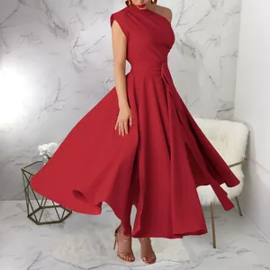 Elegant red one-shoulder sleeveless flared dress for women, perfect for evening parties.
