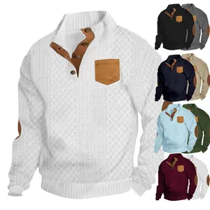 Sweat-shirt Henley en Tricot Jacquard Rétro Américain pour Hommes Col Montant Avec Coudières Poche Contrastante Haut Décontracté à Manches Longues