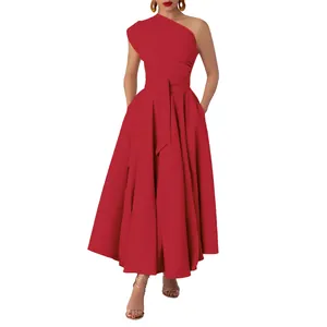 Elegant red one-shoulder sleeveless maxi dress featuring a cinched waist and tie detail
