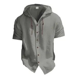 Chemise décontractée à capuche à manches courtes en coton gris avec boutons et cordons