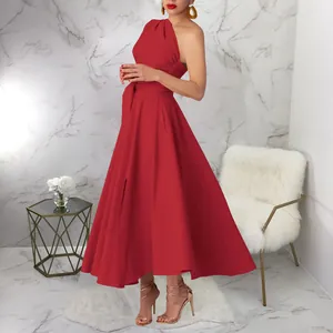 Elegant red one-shoulder sleeveless maxi dress with a cinched waist and full skirt